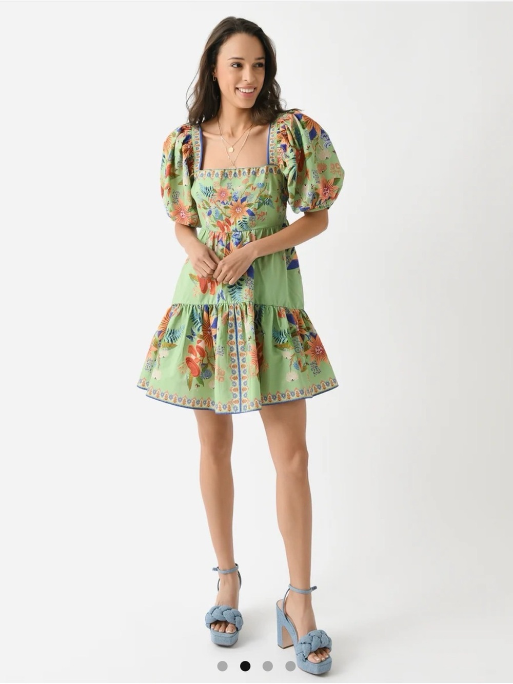 FARM Rio Green Floral Puff-Sleeve Square-Neck Mini Dress